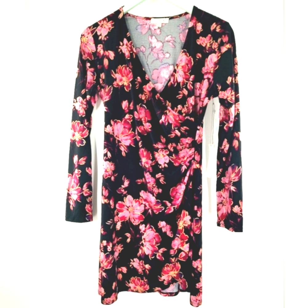 Nine Britton Women's Floral Pattern Black Pink Long Sleeve Dress Size MP NWT